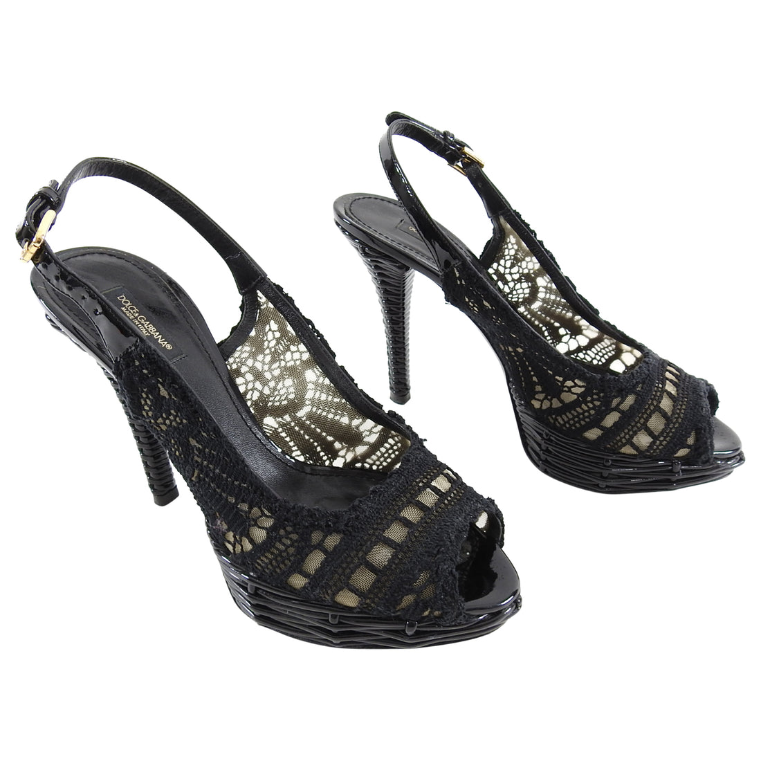 Dolce & Gabbana Black Wicker and Lace Platform Slingback Heels - 38 – I ...