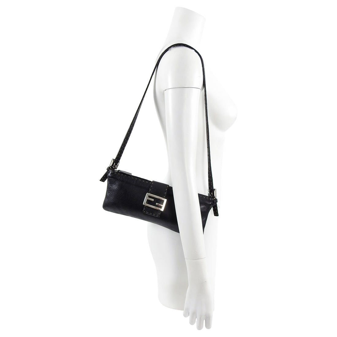 Fendi Selleria Vintage Black FF Sterling Silver Clasp Baguette Bag – I ...