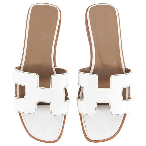 Hermes Oran White H Logo Flat Leather Sandal - USA 6 - I ...