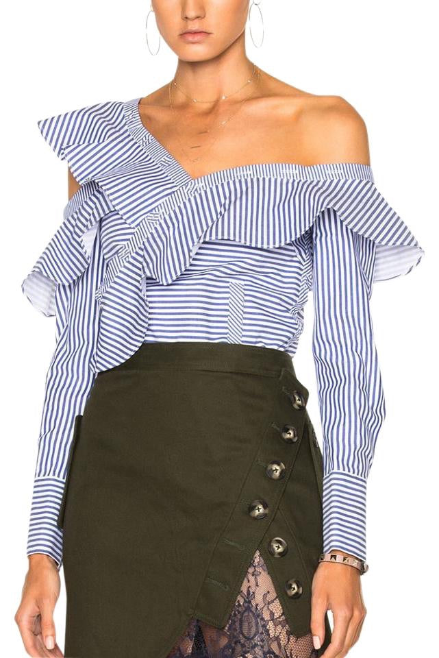 Self Portrait blue striped ruffle top - 2