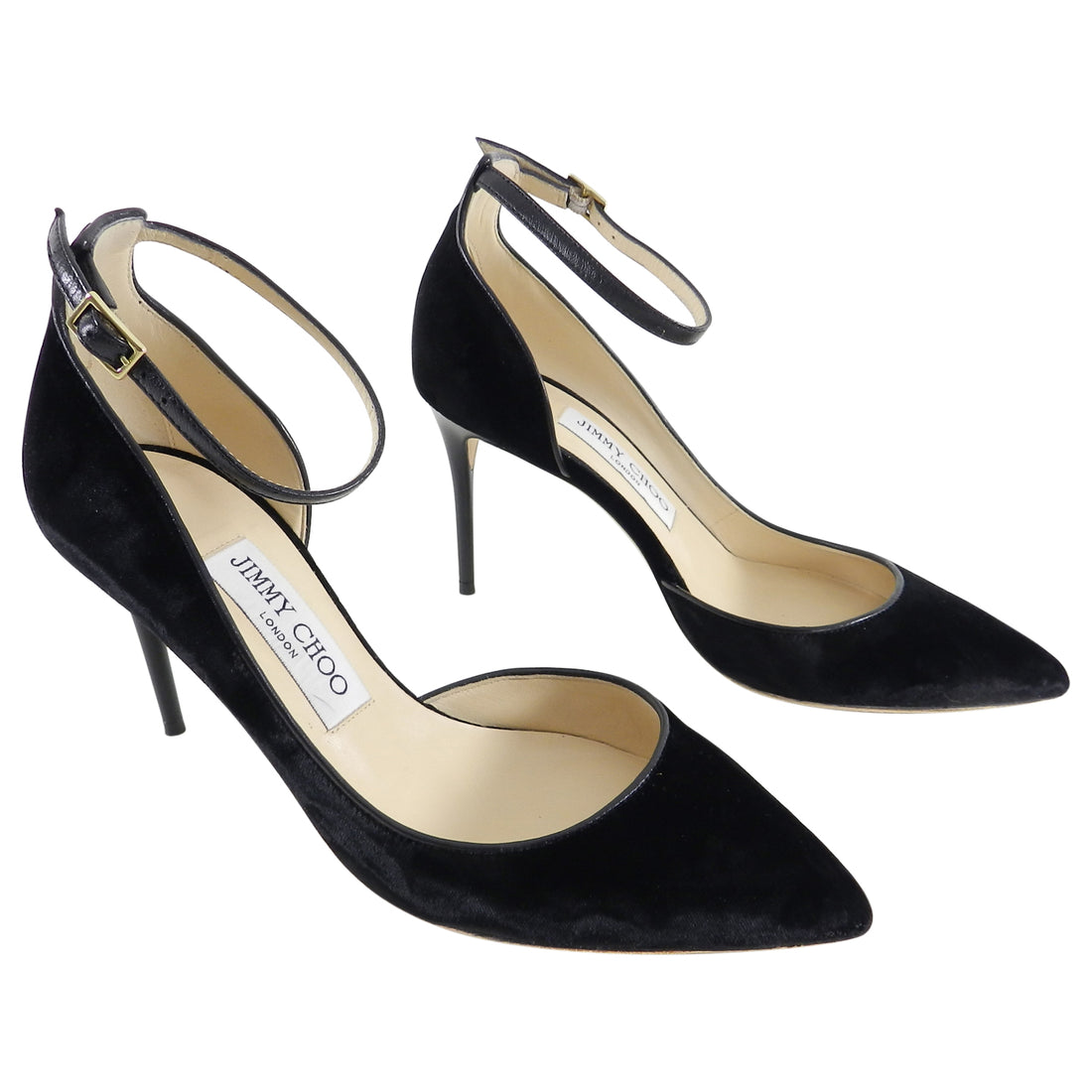 Jimmy Choo Black Velvet Lucy 85mm Heels with Ankle Straps - 36 – I MISS ...