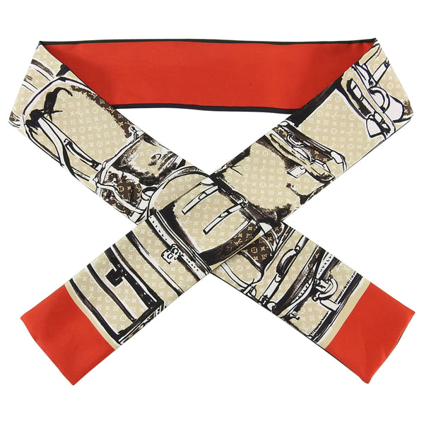 Louis Vuitton Red and Beige Monogram Trunks Silk Bandeau Scarf – I MISS