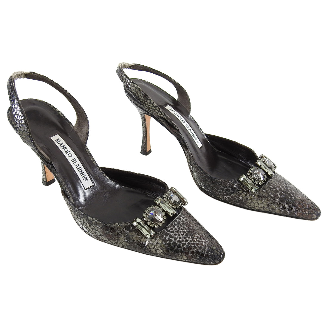 Manolo Blahnik Silver Black Snake Jewelled Slingback Heels - 7 – I MISS ...