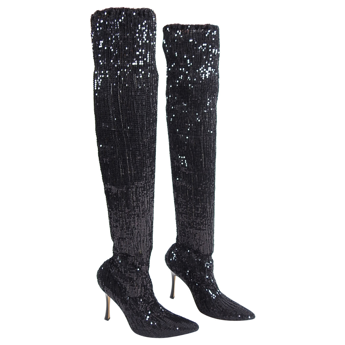 Manolo Blahnik Pascalare Black Sequin Over the Knee Sock Boots - 37 – I ...