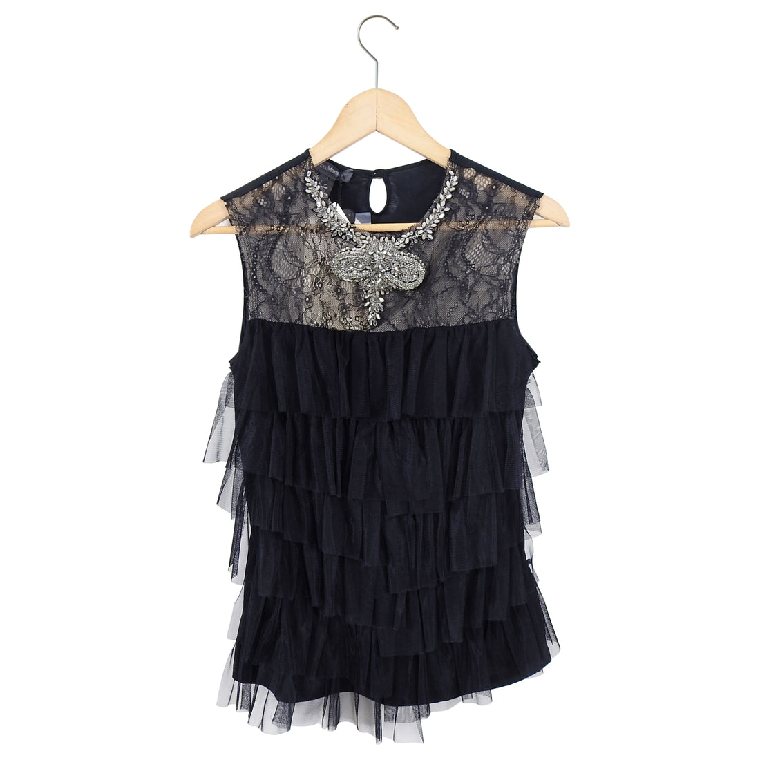 Max Mara Black Jewelled Tulle Ruffle Sleeveless Top - S – I MISS YOU