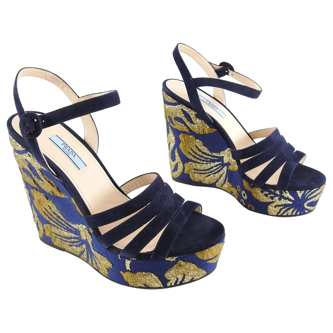 Prada Navy and Gold Suede Brocade Wedge Sandals - 40 – I MISS YOU VINTAGE