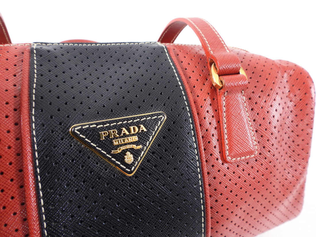 Prada Red and Black Saffiano Fori Small Barrel Bag – I MISS YOU VINTAGE