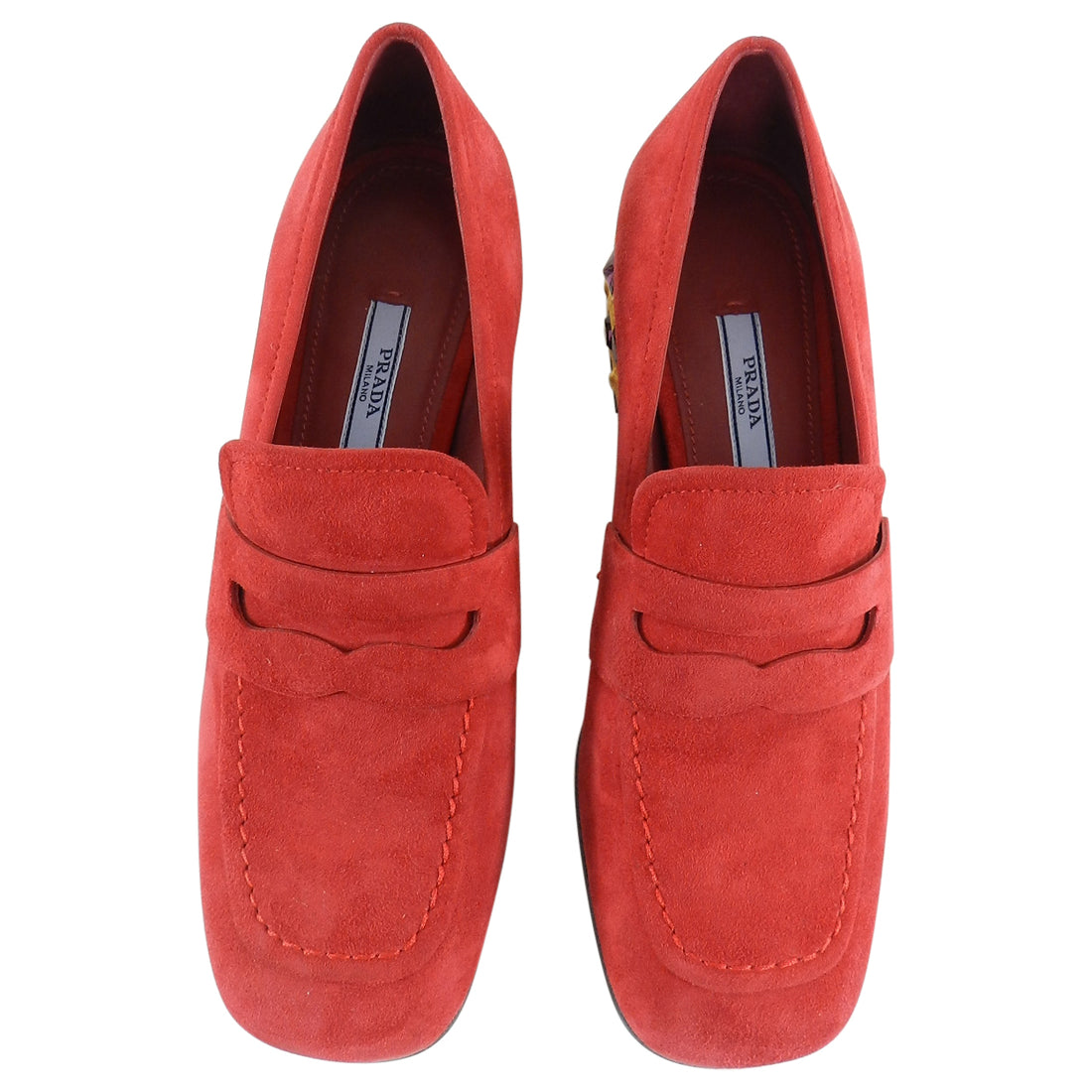 Prada Red Suede Loafer with Gold Metal Jewel Heels - 37.5 – I MISS YOU ...