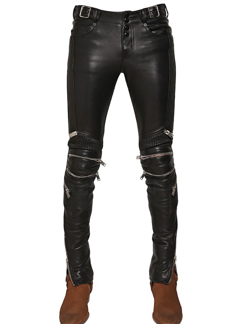 Saint Laurent Unisex Black Leather Zipper Motorcycle Jeans Pants - 38 ...