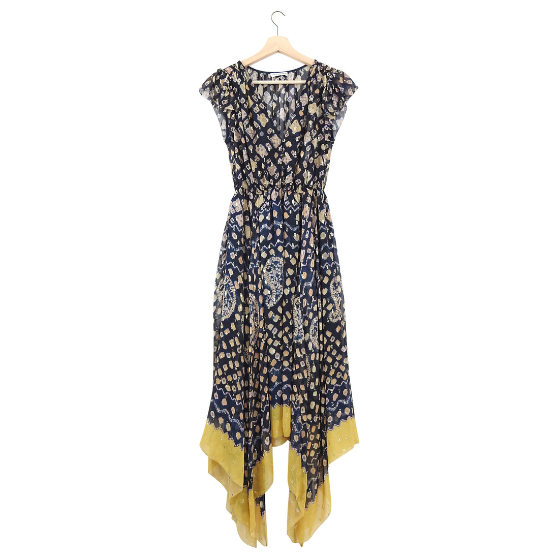 Ulla Johnson Aurelie Silk Boho Batik Print Metallic Yellow Hem Dress ...