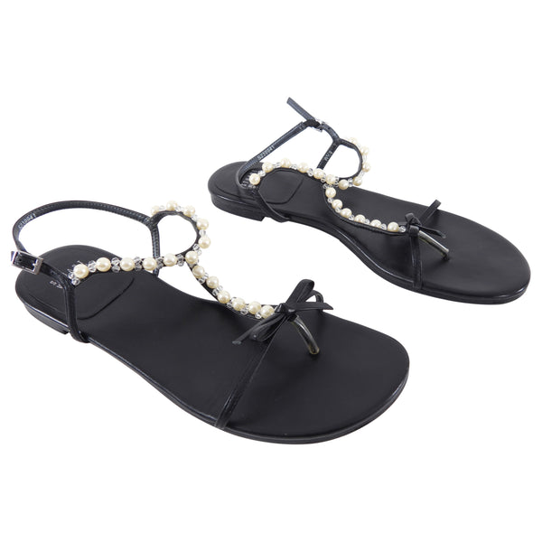 Stuart Weitzman Black Flat Sandals with Pearls - 8.5 – I MISS YOU VINTAGE