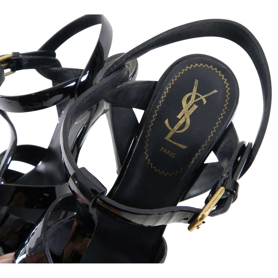 YSL Yves Saint Laurent Black Patent Tribute 105 Sandals Heels - 38 – I ...
