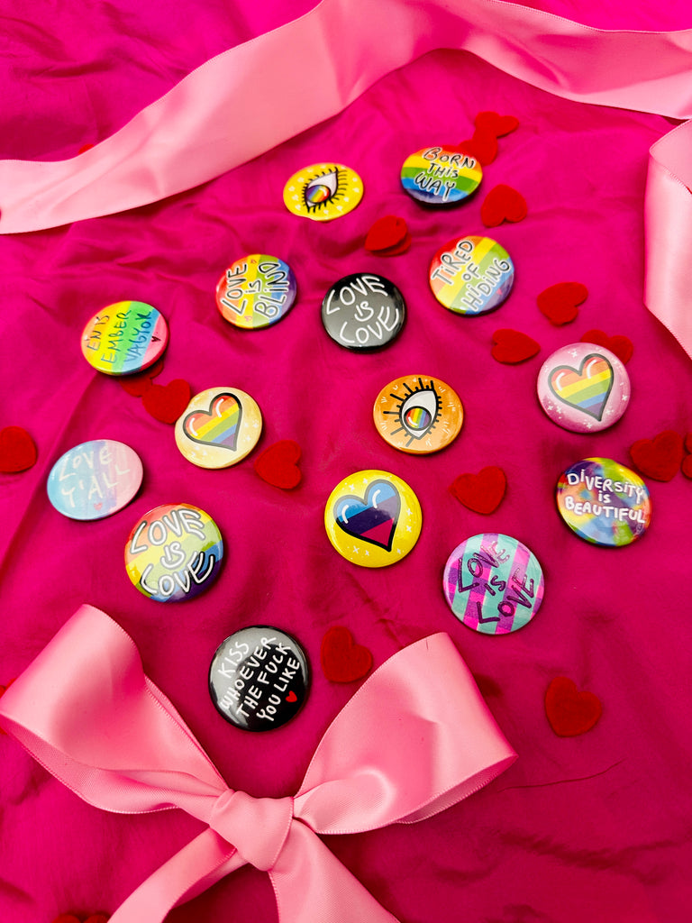 Our big favorites are the pins by our home designer, Smörgas. Advertise acceptance and free love with Viki's handmade badges! LOVE IS LOVE!