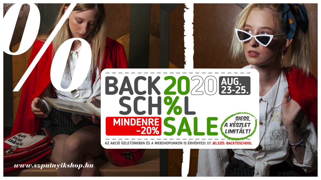 Back to school akció! Vásárolj online augusztus 23. és 24. között (vasárnap-hétfő-kedd) és vidd haza termékeinket 20% kedvezménnyel vagy keresd üzletünkben a kedvezményes termékeket! Online kuponkód: backtoschool Segítséget az online rendeléshez itt találsz: https://www.szputnyikshop.hu/pages/how-to-order Ne késlekedj, hiszen a Szputnyikos kincseket csak limitált darabszámban éred el!