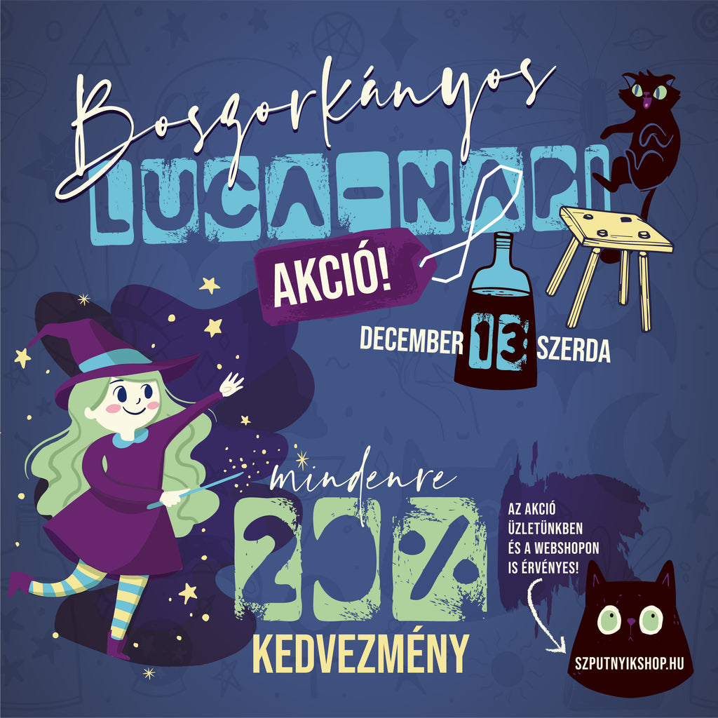 Our witchy Luca's day sale has almost become a habit with us, so in addition to the many beliefs, we want to increase your luck in this way. It can't be any different this year! If you have already started carving the lucaszék, stop now, because we will have all the town witches! 🔥 On Wednesday, December 13, you can get the coveted products with a 20% discount in our store and webshop! 💚 Remember, this is the last chance in 2023 to get Szputnyik's treasures cheaper, so don't delay! We are waiting for you all day with our super discount, and don't forget to close the brooms well! WHERE? 📍Our address: 1074 Budapest, Dohány u. 20. In our store from 10 a.m. to 8 p.m., and in our webshop (www.szputnyikshop.hu) until midnight, you can choose from the entire range of SZPUTNYIK with a 20%* discount! Do you have a question? Send us a message or call us: