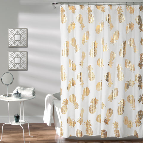 Pineapple Toss Gold Metallic Print Shower Curtain