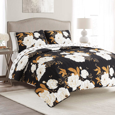 Black and Gold Zinnia Floral Quilt Set by Lush Decor