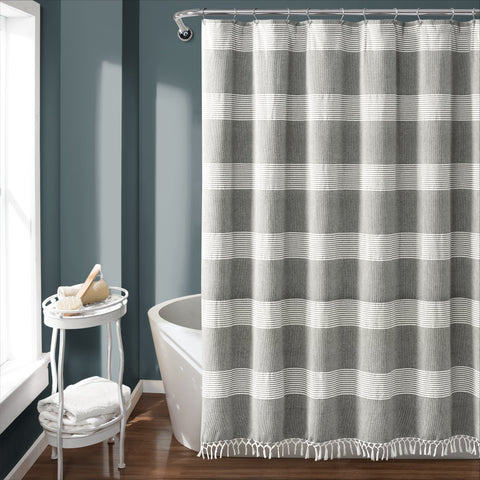 Tucker Stripe Yarn Dyed Cotton Knotted Tassel Shower Curtain