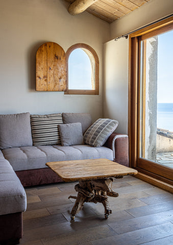 wood window and couch