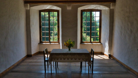wood windows in dining room