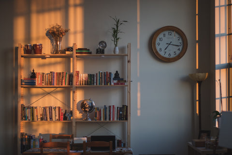 bookshelf with dim lighting