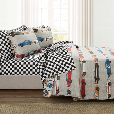 Lush Decor Race Cars Quilt Set + Sheet Set Combo