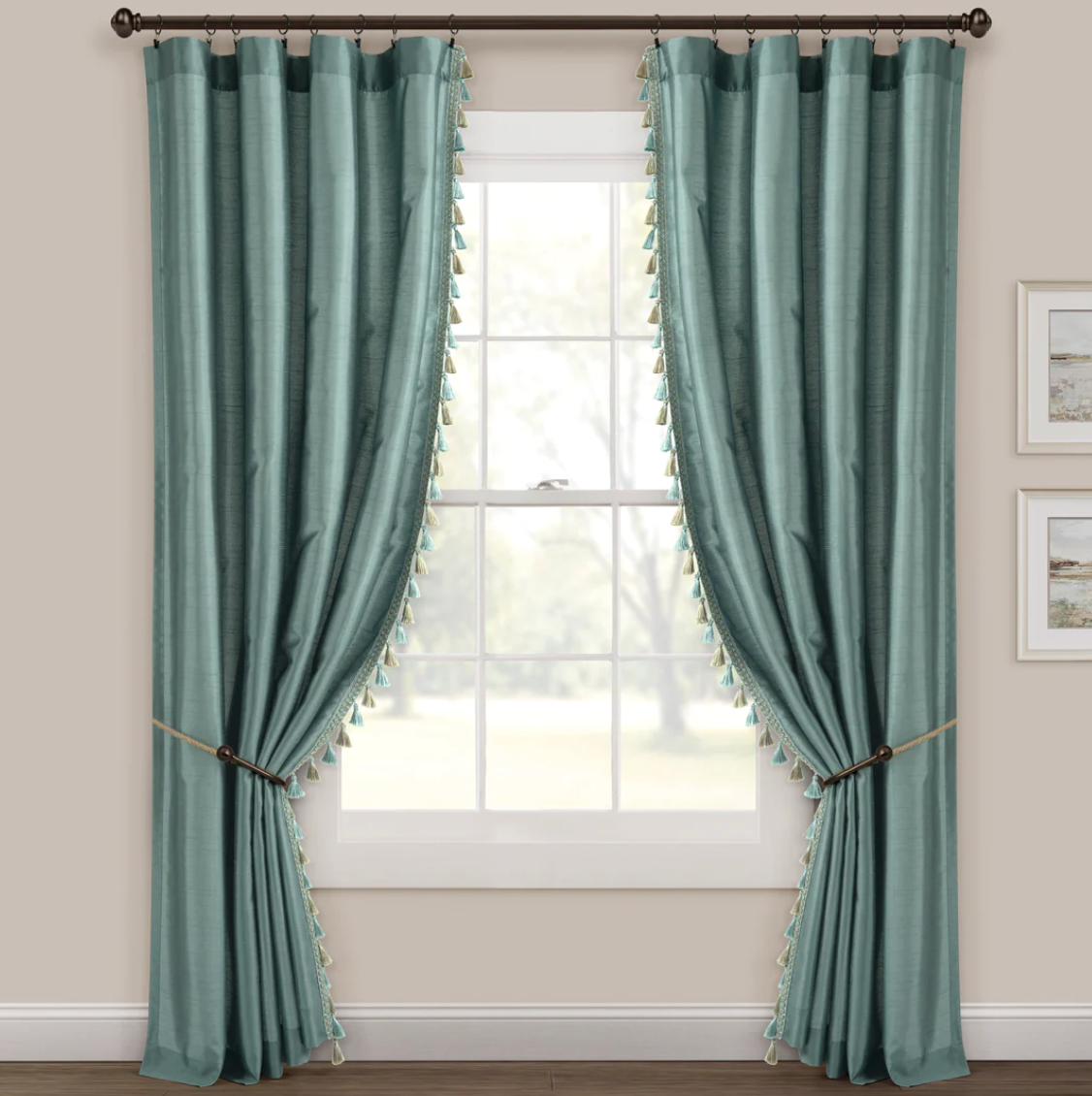 Luxury Regency Faux Silk Two-Tone Tassel Window Curtain Panel Set