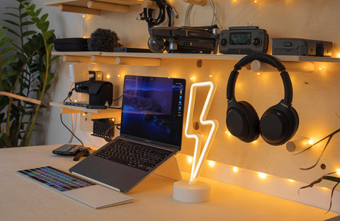 home office desk with lights