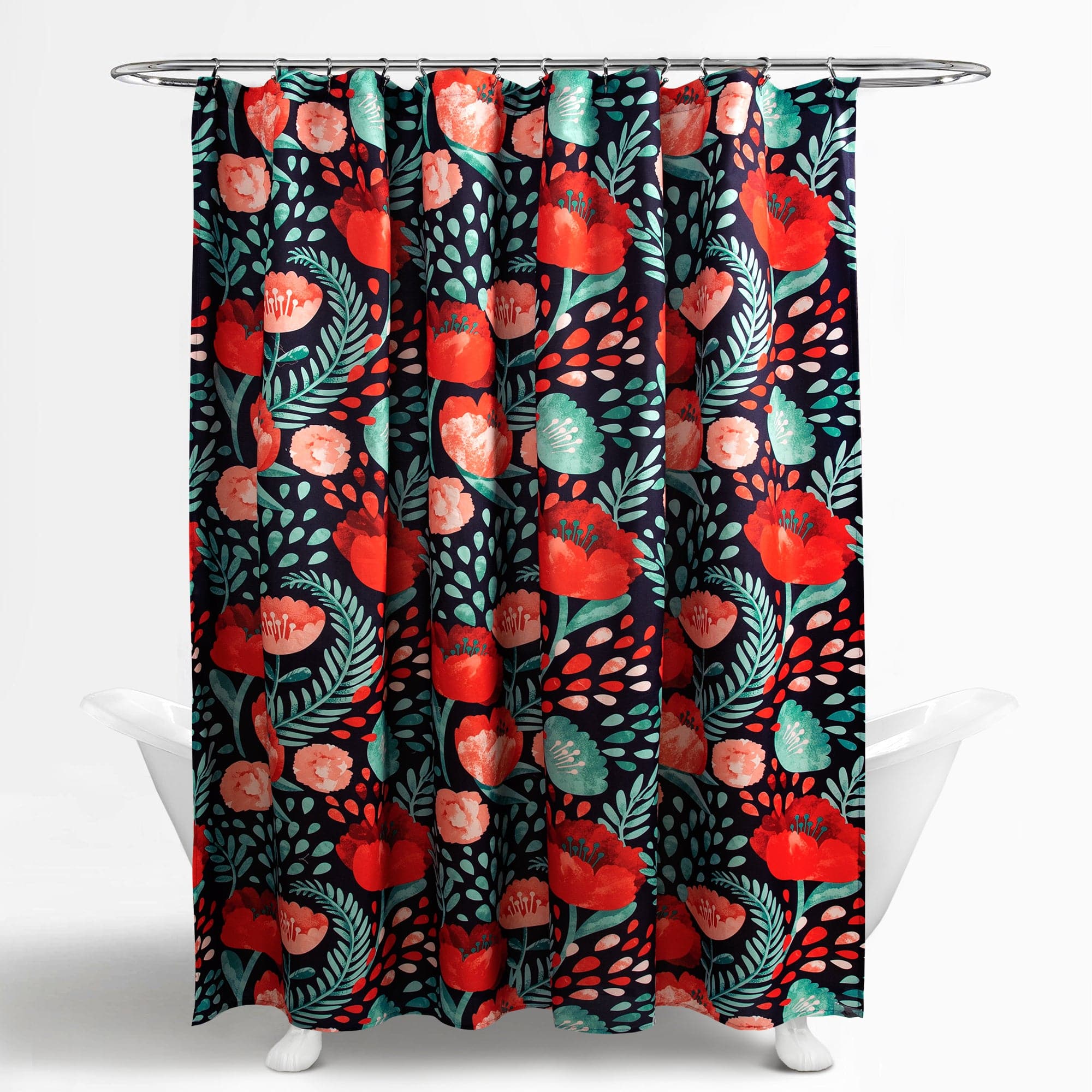 red and teal shower curtain