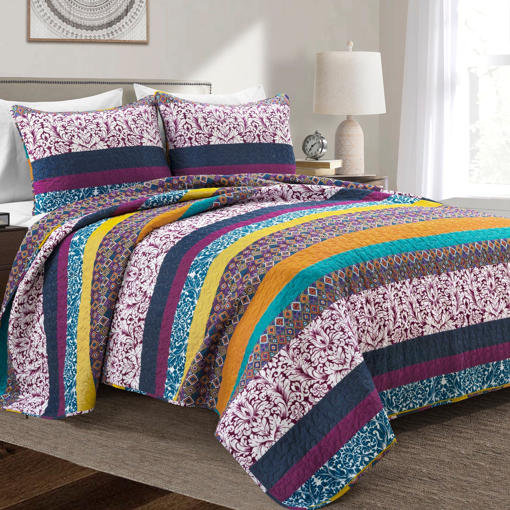 Boho Stripe Reversible Oversized Cotton 3 Piece Quilt Set | Lush Decor ...