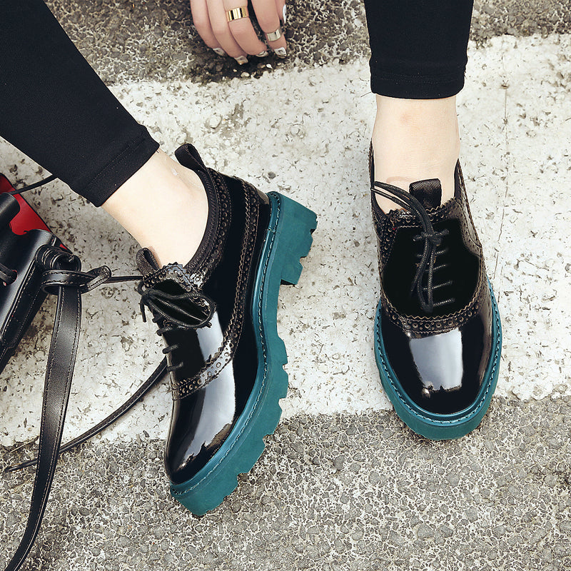 Patent Leather Mixed Color Round Toe Flat Heel Lace Up Brogues