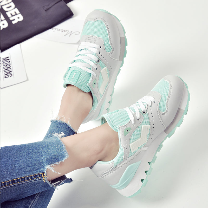 PU Mixed Color Round Toe Low Heel Lace Up Mesh Sneakers
