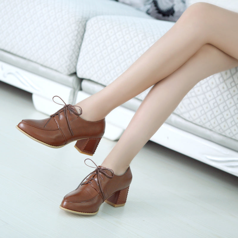 PU Pure Color Pointy Toe Block Heel Lace Up Brogues