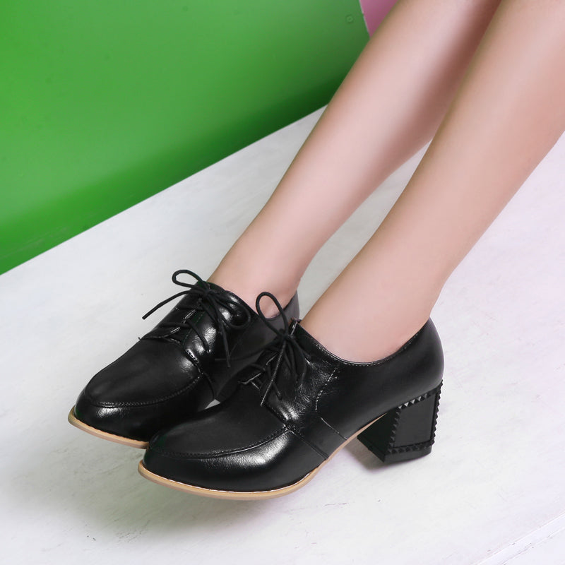 PU Pure Color Pointy Toe Block Heel Lace Up Brogues