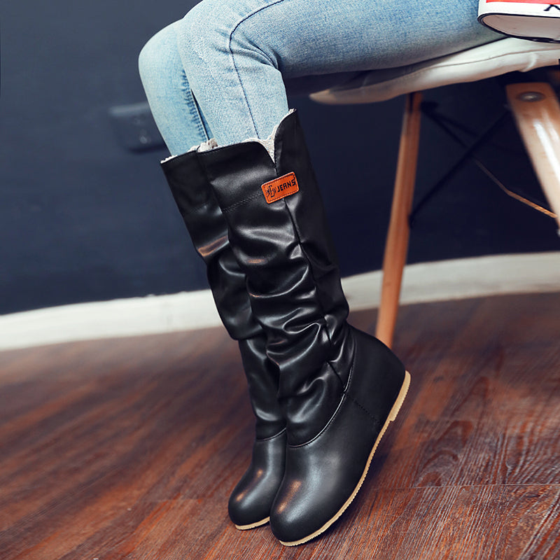 PU Pure Color Round Toe Hidden Heel Lace Embellished Slouch Boots