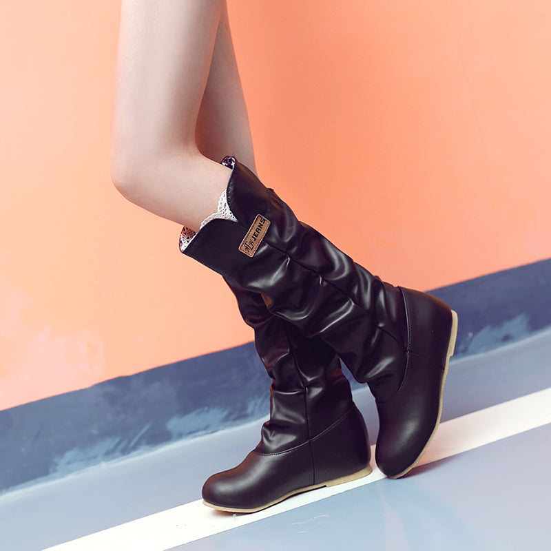 PU Pure Color Round Toe Hidden Heel Lace Embellished Slouch Boots