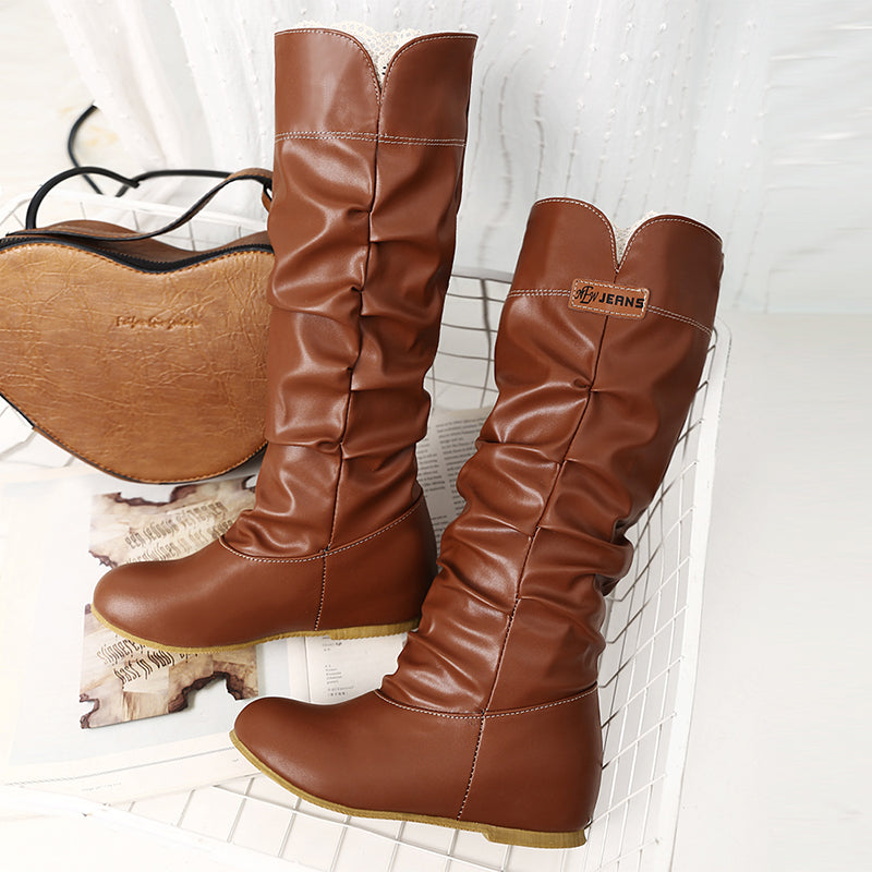 PU Pure Color Round Toe Hidden Heel Lace Embellished Slouch Boots