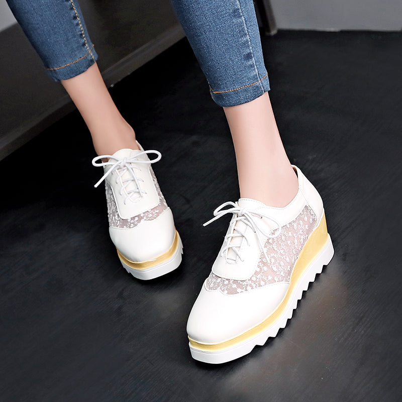 PU Pure Color Platform Wedge Heel Hollow Carved Lace Up Casual Shoes