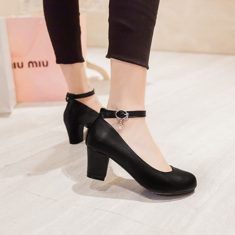 PU Round Toe Block Heel Ankle Strap Crystal Pumps