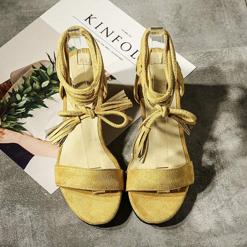 Suede Bohemian Open Toe Chunkey Heel Cross Strap Lace Up Pumps