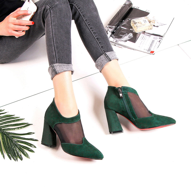 Suede Pointy Toe Block Heel Side Zipper Perspective Sandals