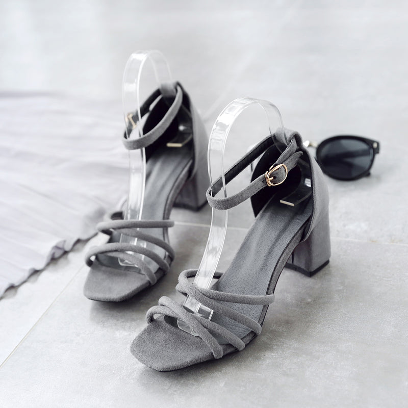 Suede Pure Color Cross Belt Open Toe High Block Heel Ankle Strap Sandals