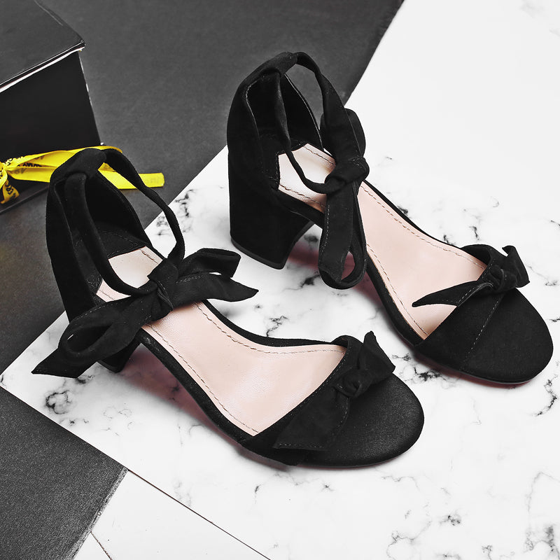 Suede Pure Color Open Toe Block Heel Lace Up Bowtie Sandals
