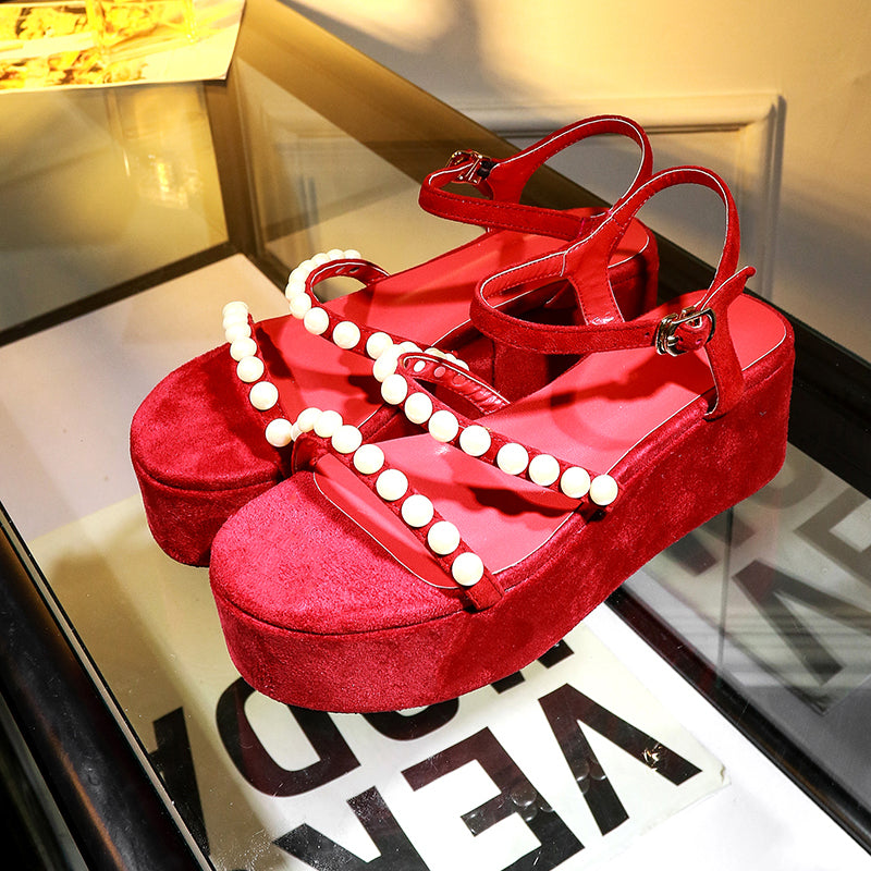 Suede Pure Color Open Toe Platform Heel Metal Buckle Belt Pearls Sandals