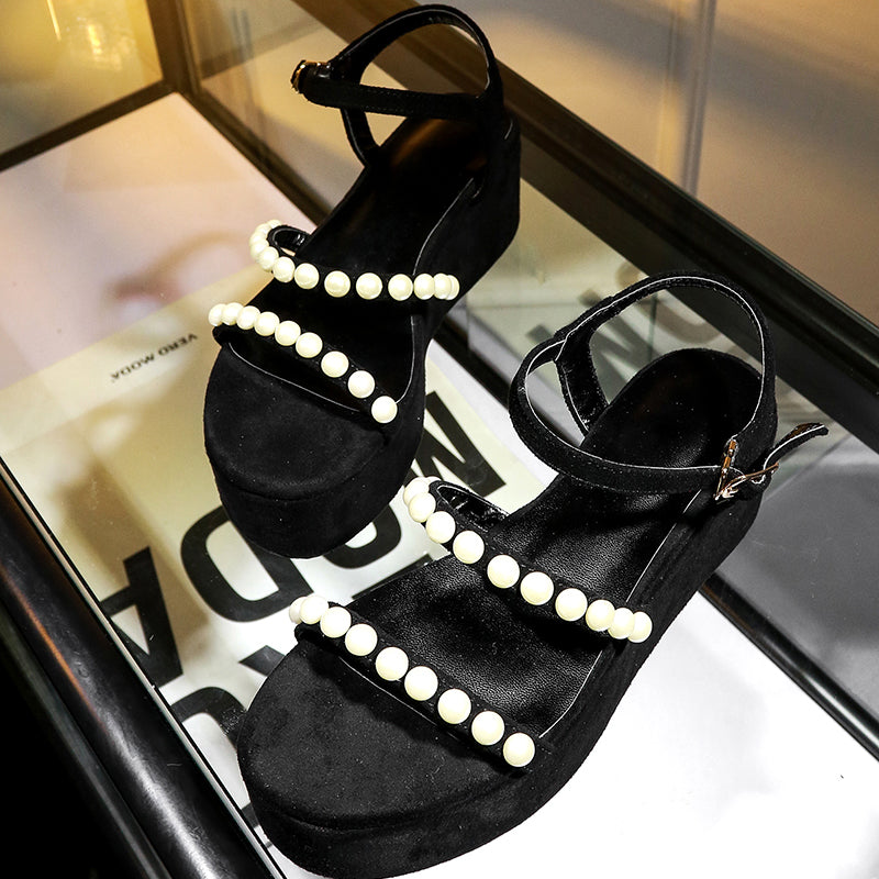 Suede Pure Color Open Toe Platform Heel Metal Buckle Belt Pearls Sandals