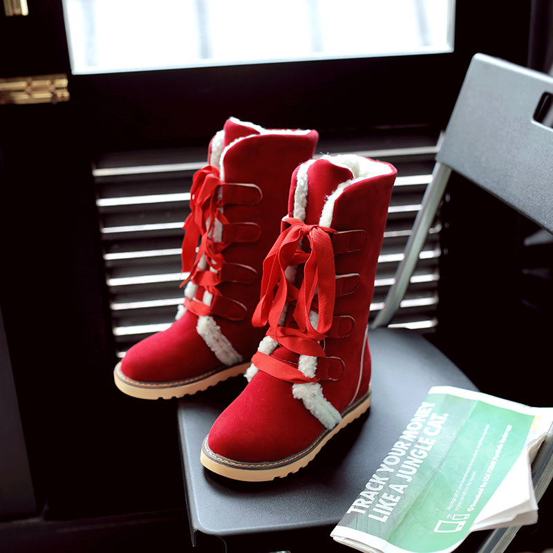 Suede Pure Color Round Toe Hidden Heel Lace Up Mid-caf Boots