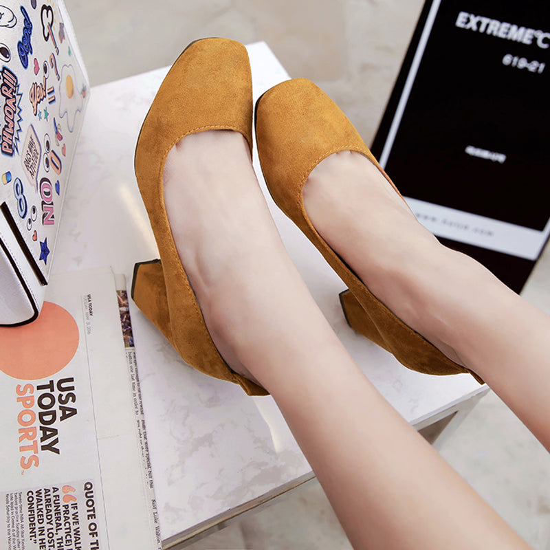 Suede Square Toe Block Heel Loafers