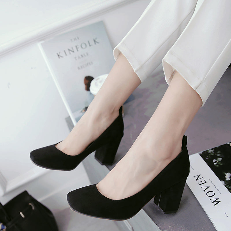 Suede Square Toe Block Heel Loafers