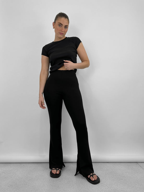 Black High Rise Front Slit Pants