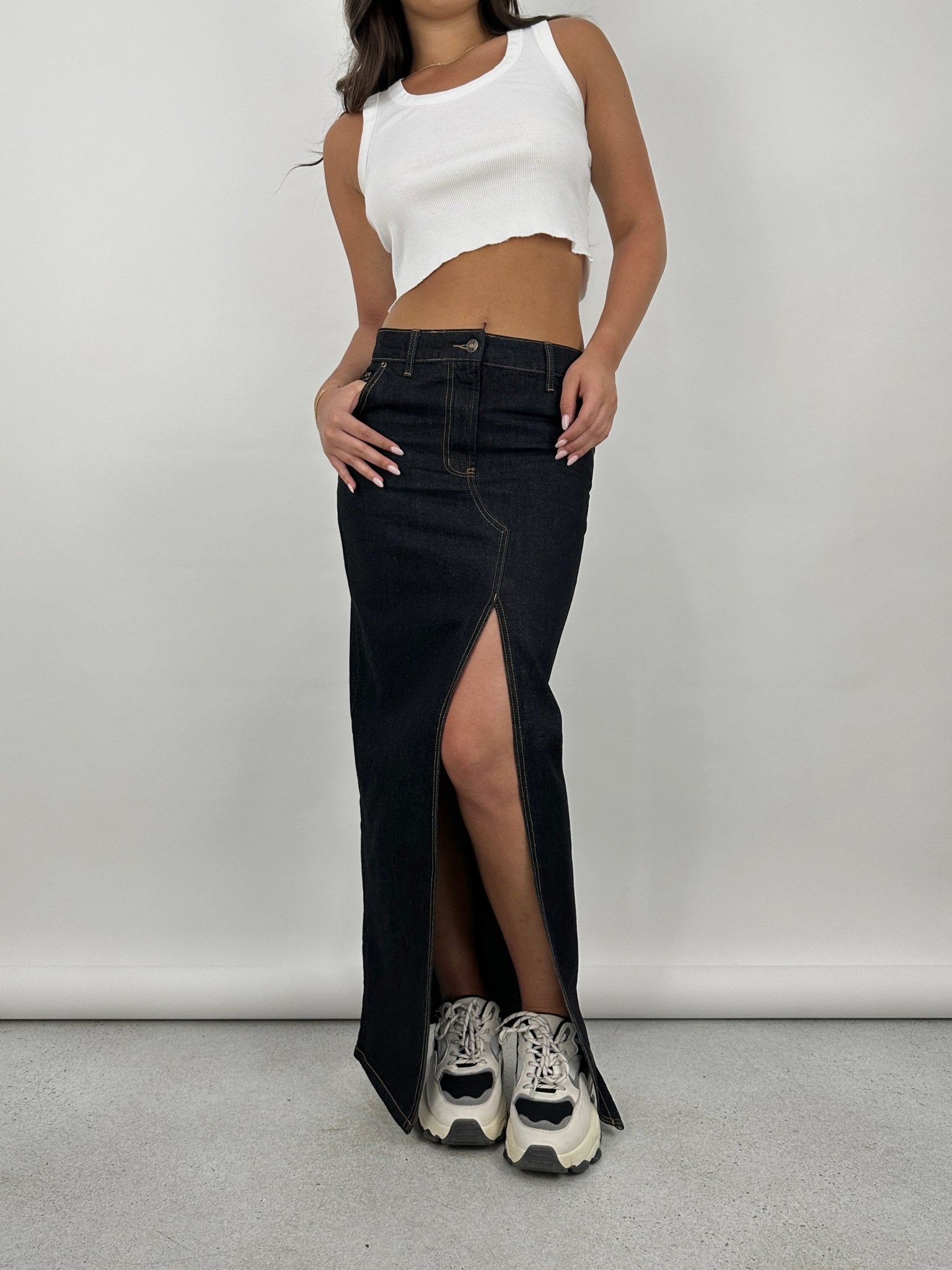 Slit Front Denim Midi Skirt - Vamp Official product image